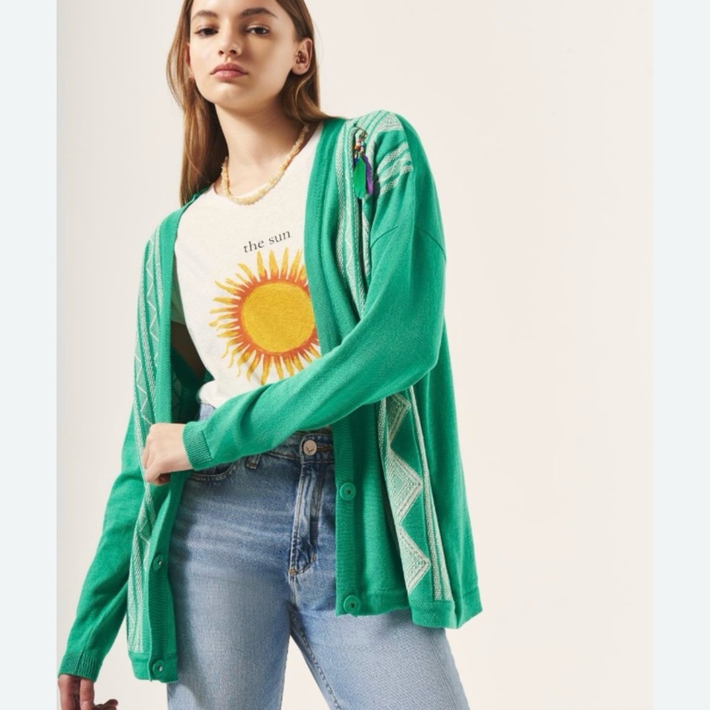 Rapsodia V-Berber Embroidered Cardigan Sweater Large‎ Ethnic Feather Kelly Green